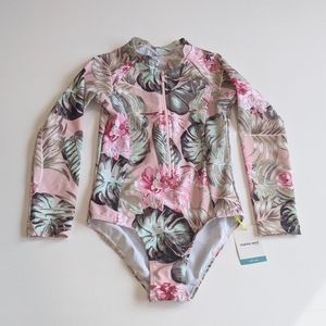 Girls Swimsuit, One Piece, Flower Print, Size 10/11, Long Sleeves